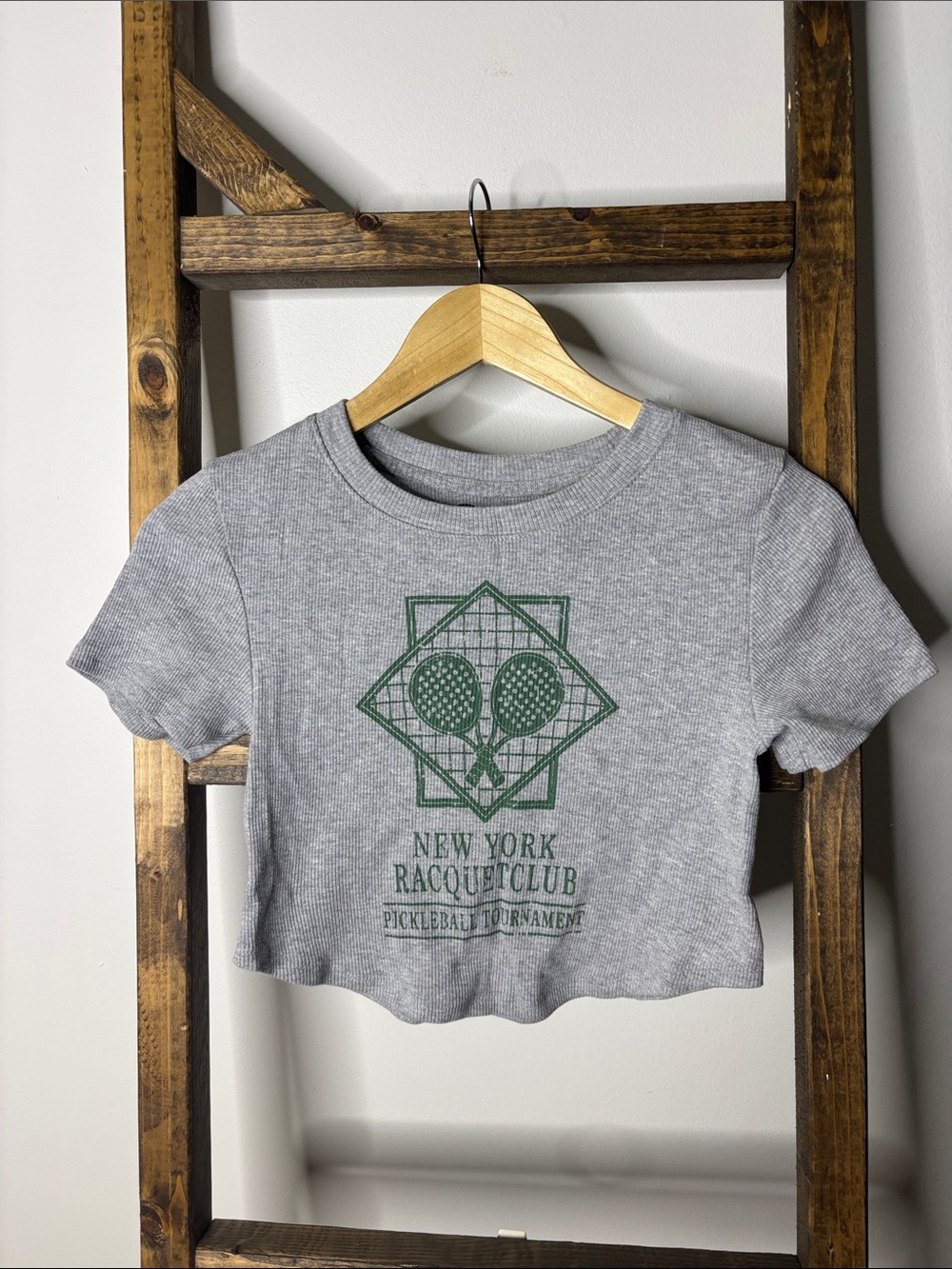 New York Racquet Club Grey Crop Tee with Green Print